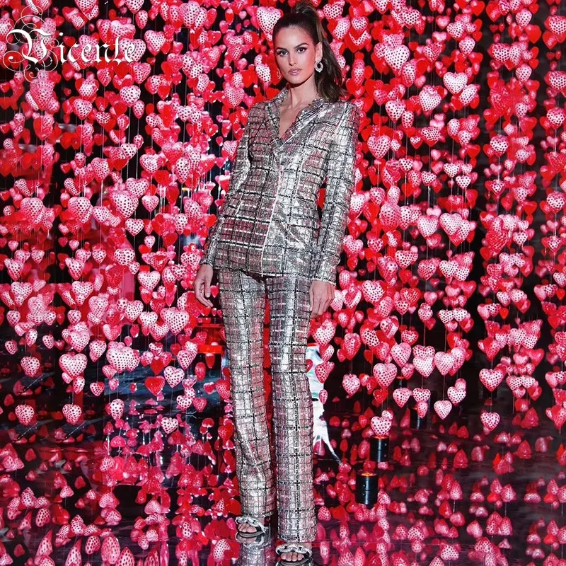 

Vicente 2019 All Free Shipping Two Pieces Sets Geometric Sequins Button Turn-down Collar Long Sleeves Celebrity Party Pants Suit