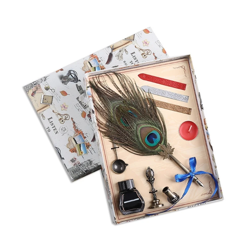 

Luxury Vintage Feather Dip Pen Set Calligraphy Fountain Pen Writing Ink Stationery Gift Box