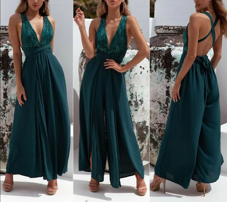Summer ladies casual solid color loose jumpsuit Fashion sleeveless V-neck open back strap waist Bodycon Party jumpsuit trousers - Цвет: C