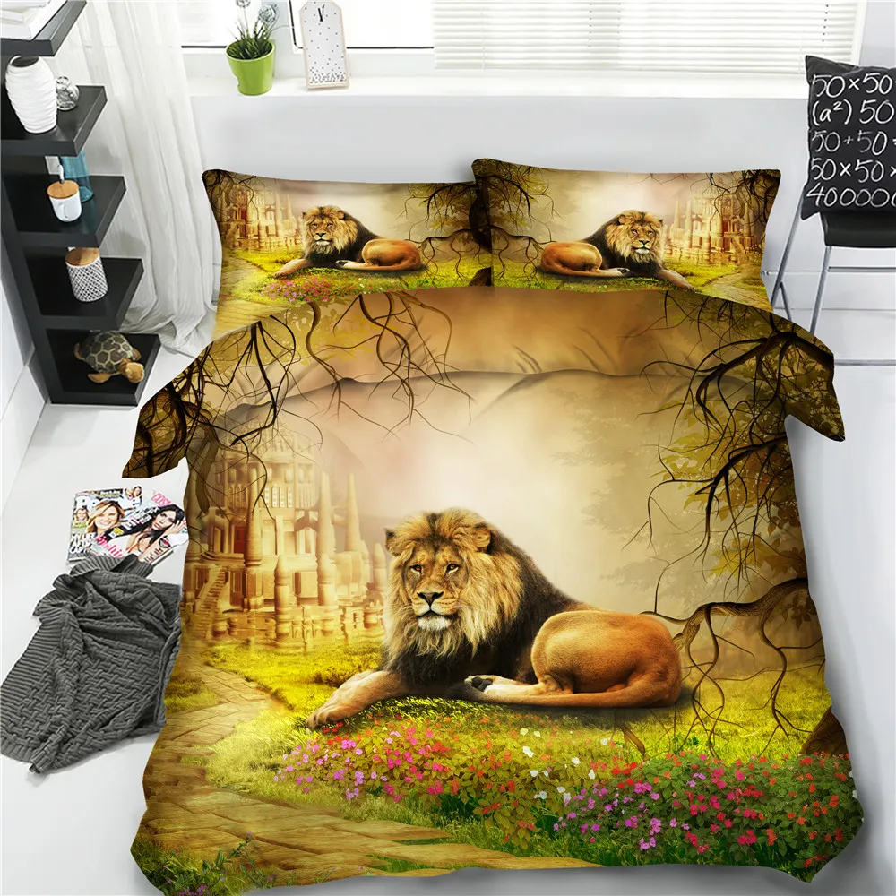 Lion Duvet Cover Set With Pillowcases Personalized Bedding Wild Animals Animals Yellow 3D Quilt Doona Double Full Queen King All Sizes