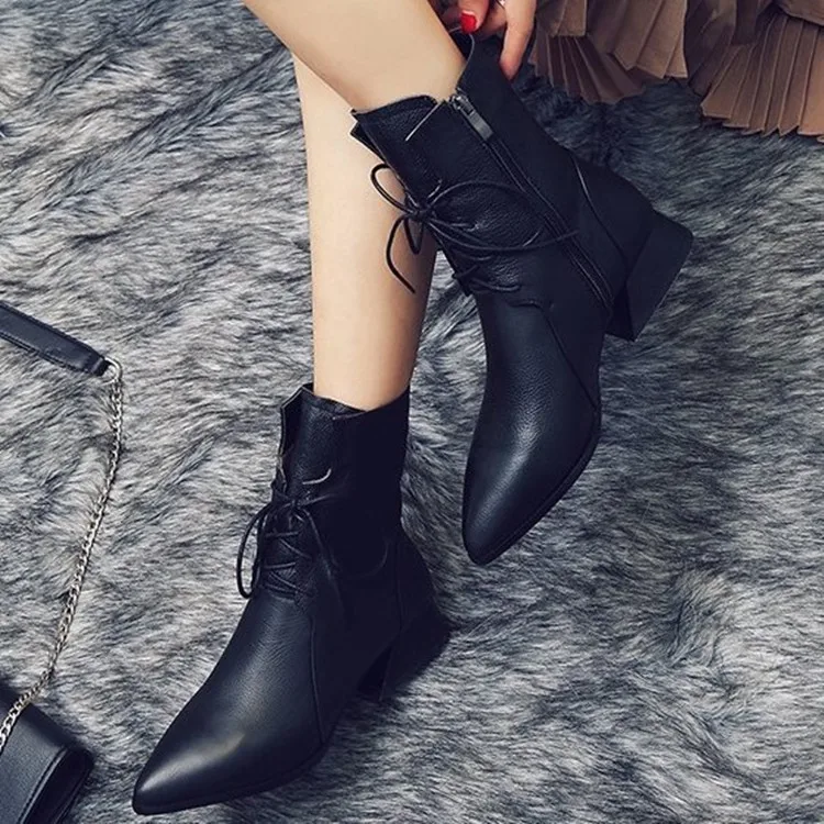 

Women's Pointed-Toe Martin Boots Women's 2018 Autumn & Winter New Style Short Boots British Style Students Korean-style Lace-up