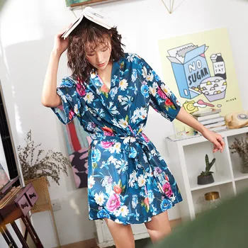 

Bridesmaid Robe Womens Mini Dress Bath Robe Satin Slik Wedding Robes Blue Floral Printing Batas De Mujer Kimono Robe for Wedding