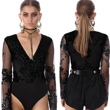

Fashion Sexy Bodysuit Women Sexy V-Neck Sequins Mesh Yarn Stitching Long Sleeves Jumpsuit Skinny Streetwear Dropshipping 2019