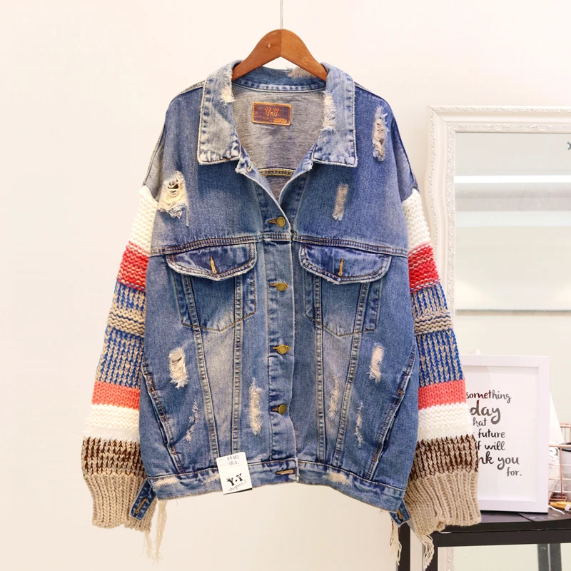 

2019 New Spring Autumn Women's Wool Knitting Stitching Long Sleeves Denim Jacket Female Holes Loose Jeans Coat Casual Outwear