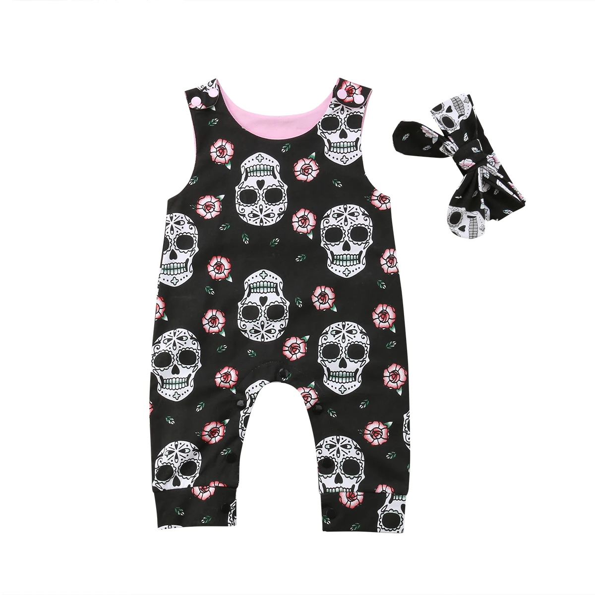 

2019 Brand New Halloween Casual Infant Baby Boy Girl Skull Romper Sleeveless Pattern Black Cotton Jumpsuit Romper+Headband 0-18M