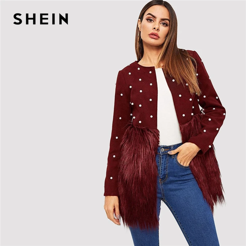 SHEIN Контрастное Пальто С Бусинами И Эко Мехом Стильное Пальто|Куртки| |