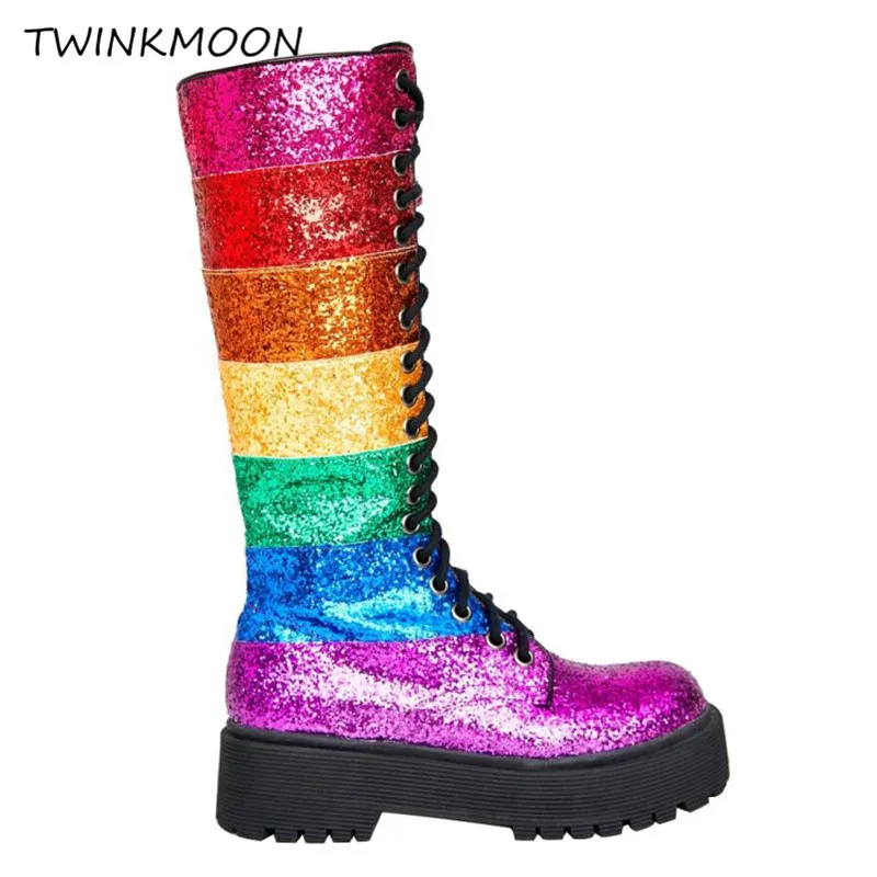 

Rainbow Colorful Platform Boot Chunky Thick Heel Lace Up Knee High Boot Round Toe Suquined Glitter zapatos mujer 2019