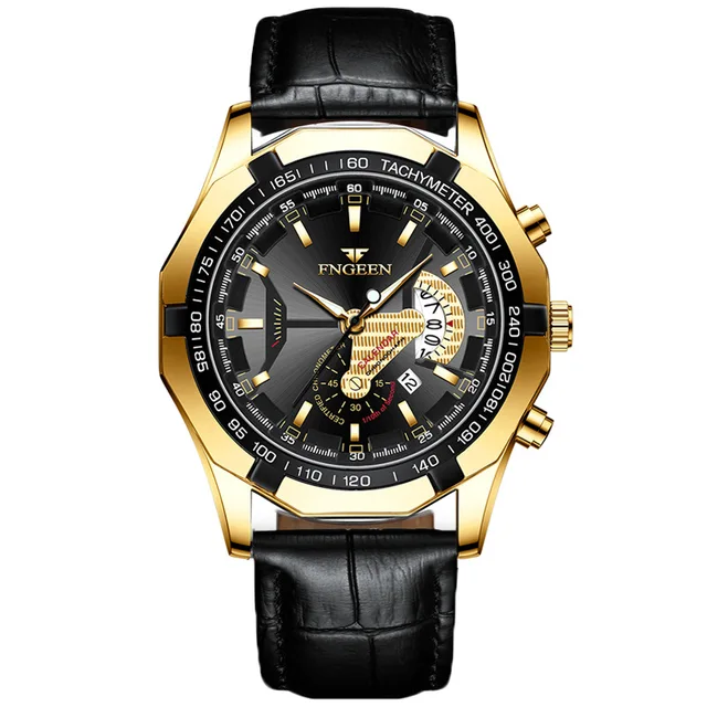 FNGEEN Luxury Men's Watches Stainless Steel Band Fashion Waterproof Quartz Watch For Man Calendar Male Clock Reloj Hombre S001 Leather Black Gold