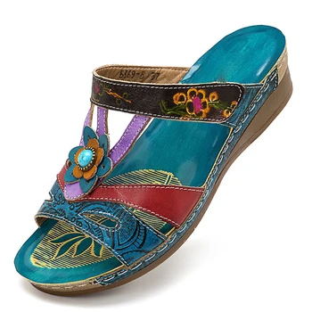 

Woman Wedge Sandals Ethnic Style Flowers Sandals Comfortable Flip Flop Ladies Shoes 2020 Summer Stitching Shoes