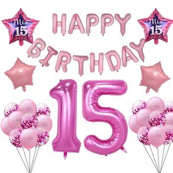 

Spanish Mis Quince Balloon my Fifteen15th years old birthday party balloons decoration number 15 Girl pink happy birthday baloon