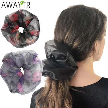 

AWAYTR Mesh Girls Scrunchie Rubber Bands Organza Hair Ties Rope Ponytail Holder Flower Printed Hair Band Hair Accessories