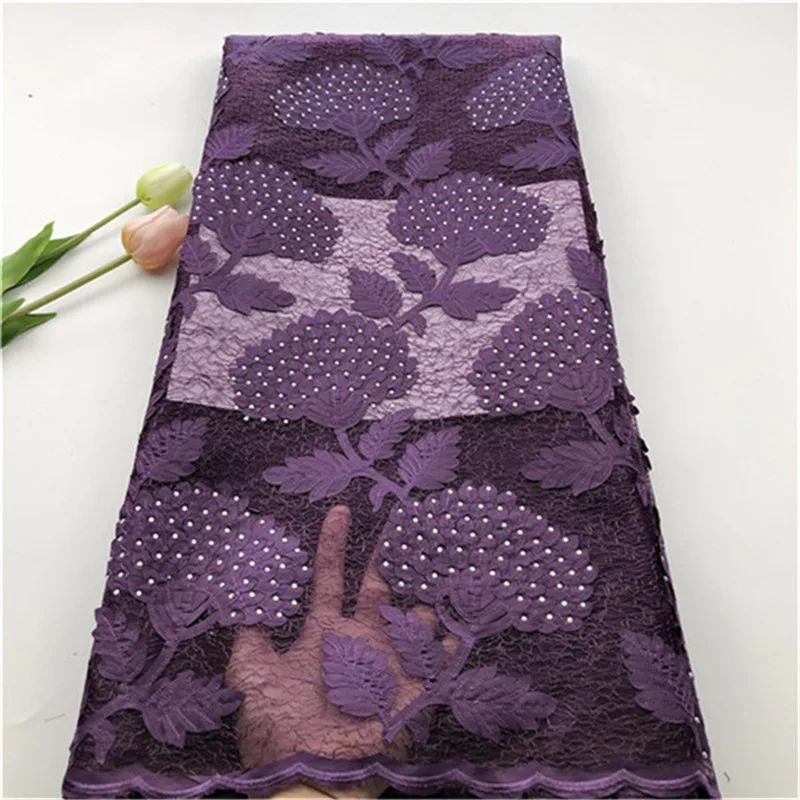 

2019 Latest African Lace Fabric Embroidered Nigerian Guipure for Wedding High Quality French Tulle Lace Fabric with Stones 5Yard