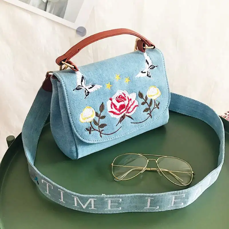 blue Сумки для женщин модные джинсовые цветы вышивка сумка через плечо новая сумка на плечо женская сумочка телефон кошелек белый/синий - Цвет: blue