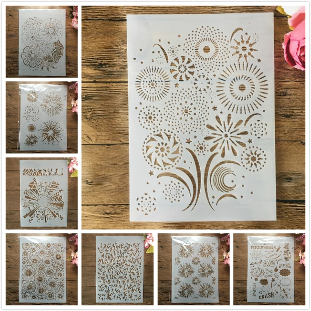 

8Pcs/Lot A4 29cm Firework Festival DIY Layering Stencils Wall Painting Scrapbook Coloring Embossing Album Decorative Template
