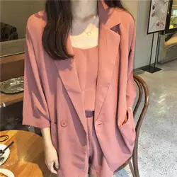 2019 Модный женский корейский милый розовый костюм пальто повседневная 3/4-длина рукав Блейзер Куртка свободный карман плюс размер Блейзер