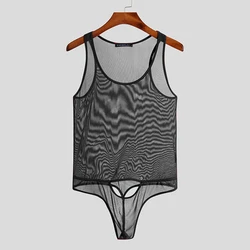 INCERUN Comfortable Homewear Men Sexy Leisure See-though Bodysuits Sleeveless Jumpsuit Male Solid Breathable Romper S-5XL 2021