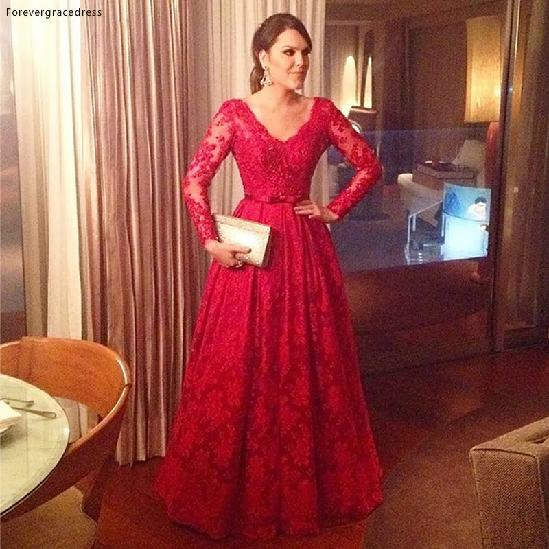 

Red Long Sleeves Prom Dress Elegant V Neck Lace Party Gown