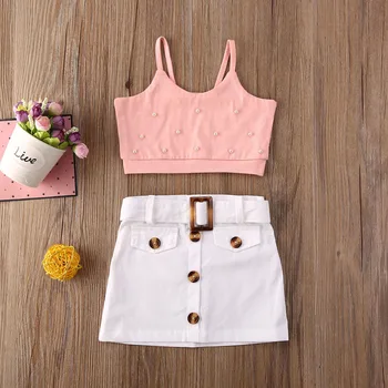 

Pudcoco Toddler Baby Girl Clothes Solid Color Crop Sling Tops Button Skirt 2Pcs Outfits Cotton Clothes Summer Set