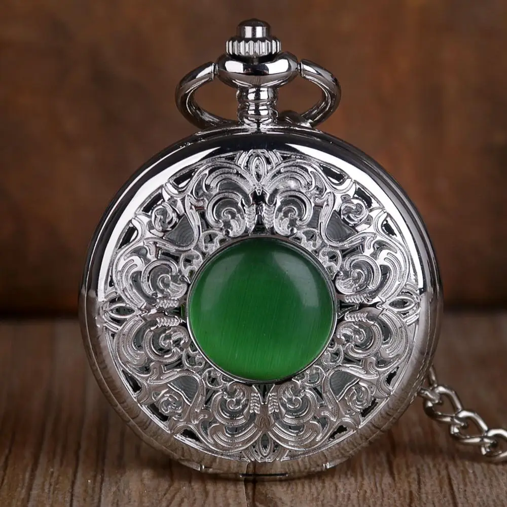 Retro Green Gem Embedded Hollow Flower Mechanical Pocket Watch Hand Wind Vintage Fob Watch Best Gifts To Men Women