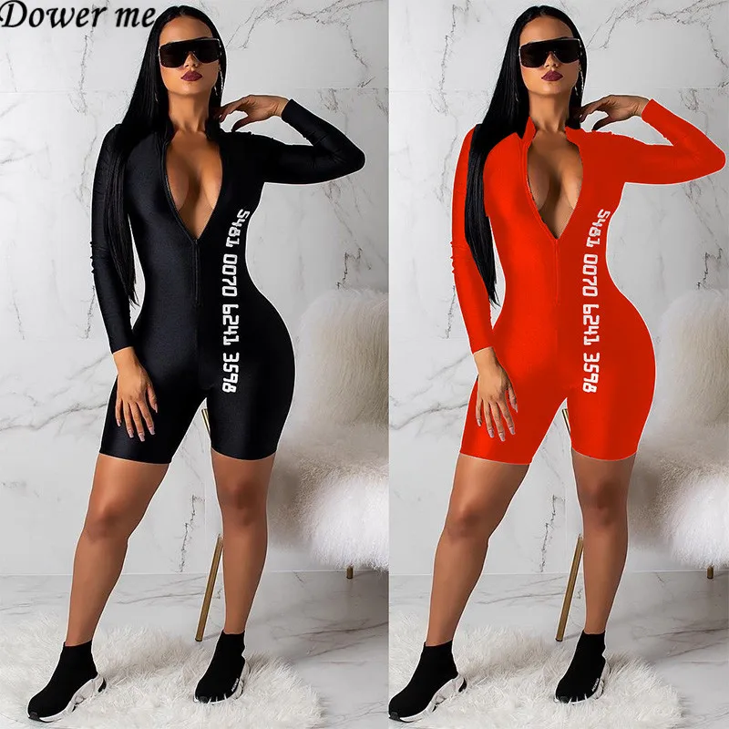 

Dower Me 2019 Sexy Bodycon Jumpsuit Romper Long Sleeve Bodysuit Women Zipper V Neck Solid Playsuits Jumpsuit NZ022