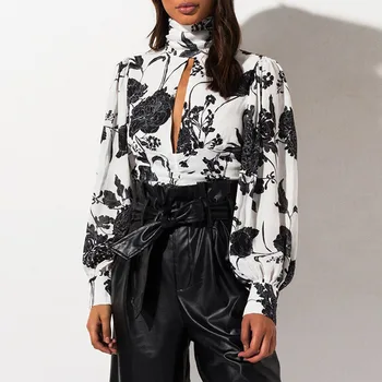 

Backless Women Leave Printed Blouse Tops White 2020 Summer Chiffion Lantern Sleeve Shirts Casual Lady Workwear Office Blouse Top