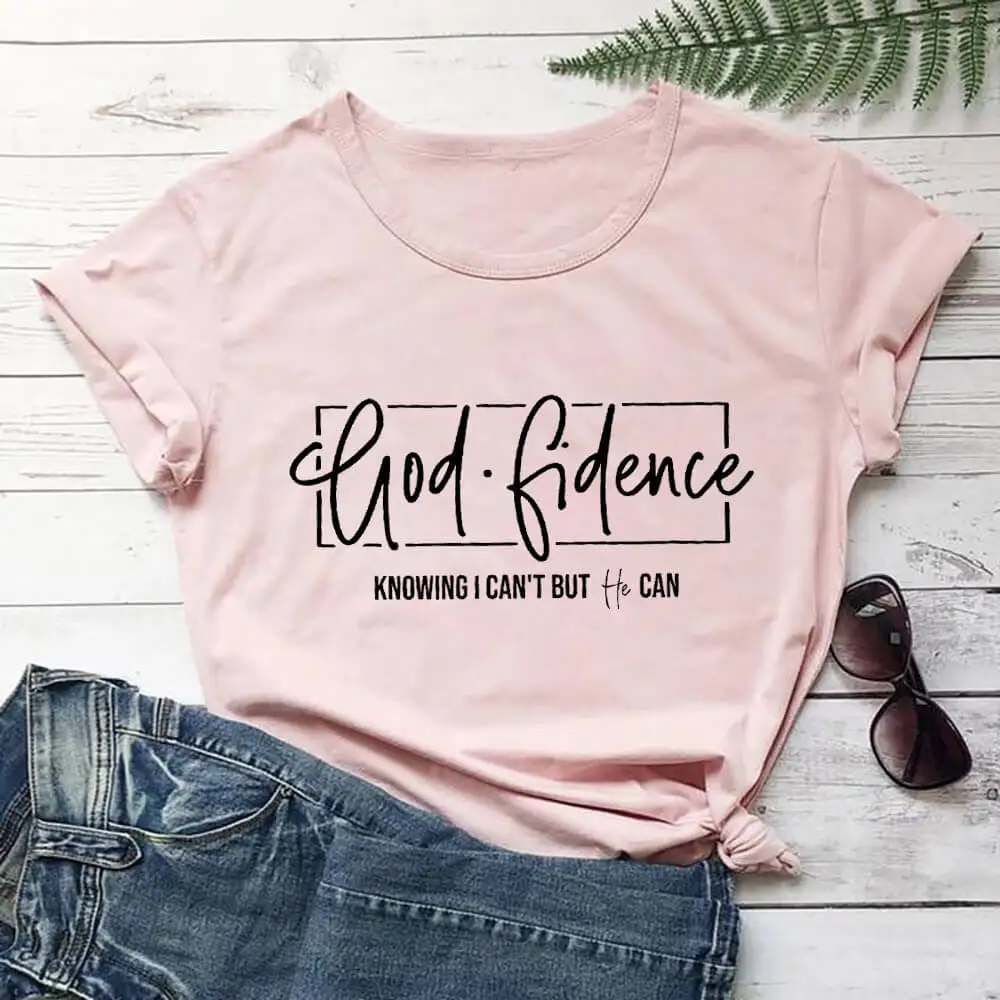 

God Fidence Knowing I Can't but He Can 100%Cotton Women Christian Tshirt Religious Summer Casual Short Sleeve Tops Faith T Shirt