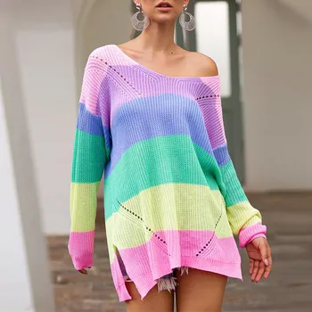 

Home&Nest Autumn Casual Oversized Sweater Women Rainbow Striped Knit Patchwork Long-sleeved Tops Fashion Comfortable Sweaters