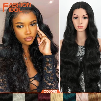 

FASHION IDOL 28 Inch Deep wave Lace Front Synthetic Wigs For Black Women Natural Long Wavy African American 8 Colors Cosplay Wig