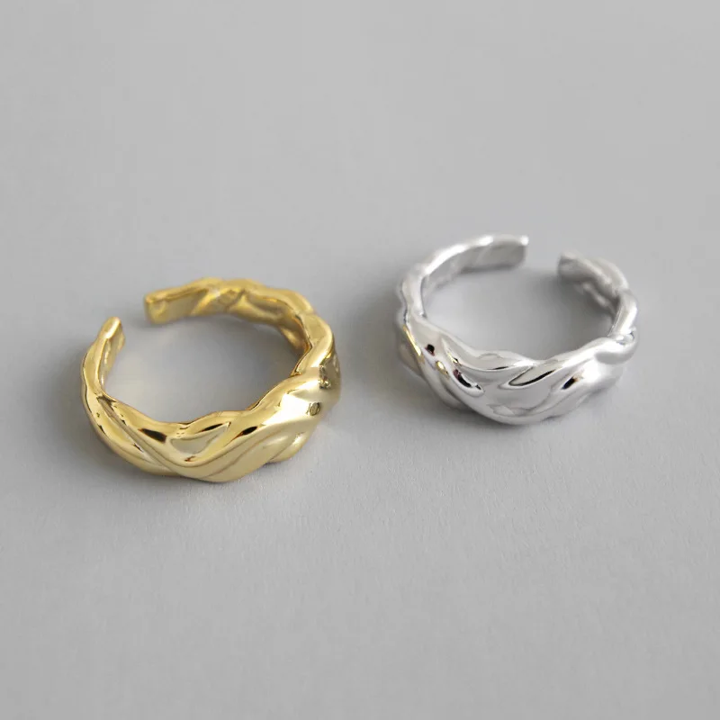 

1PC punk Authentic S925 Sterling Silver FINE Jewelry White/ Gold Irregular concave-convex unevenness Band ring adjust TLJ691