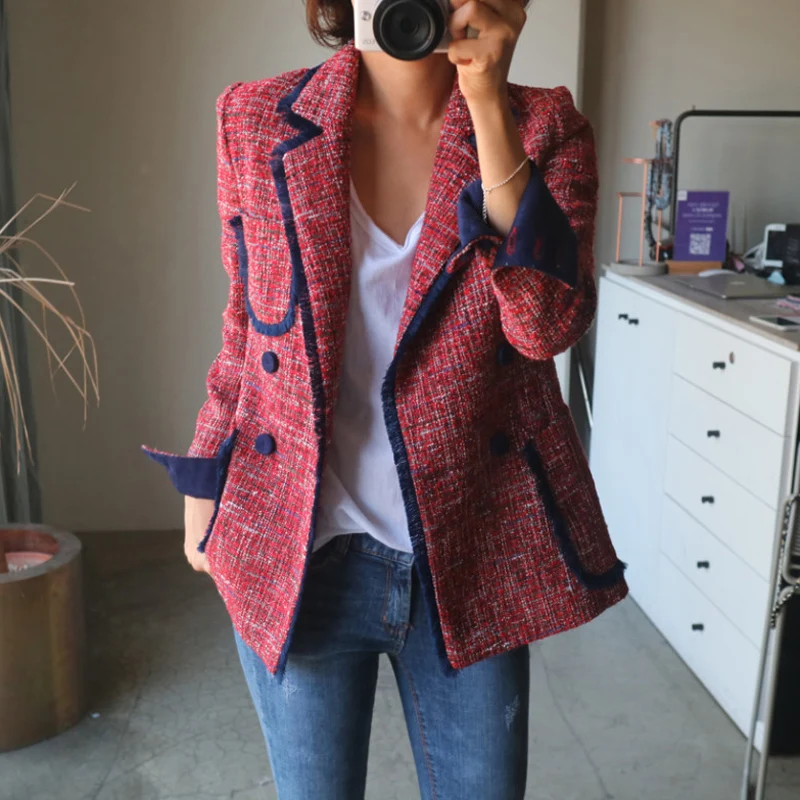 FUNKLOUZ Elegant Women's Blazer Notched Long Sleeve Pocket Button Slim Female Suit 2019 Autumn Office Lady