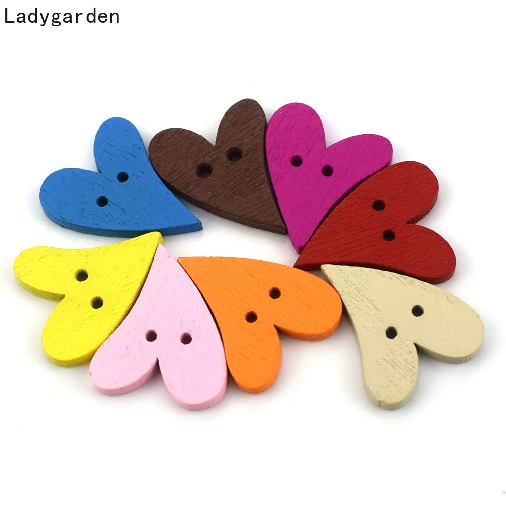50PCS Wooden Heart Buttons for Handmade Girl Clothing DIY Decor Scrapbooking Needlework Craft Sewing Wood Button Accessories