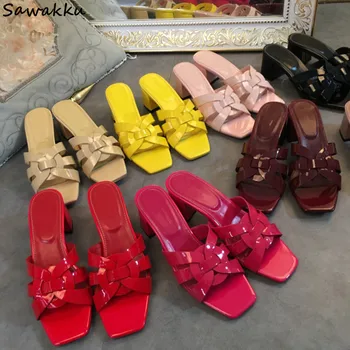 

Sawakku Summer Genuine Leather Women Slides Tribute Gladiator Sandals Woman Chunky Heels Woven Flat Silppers Sandales Femme