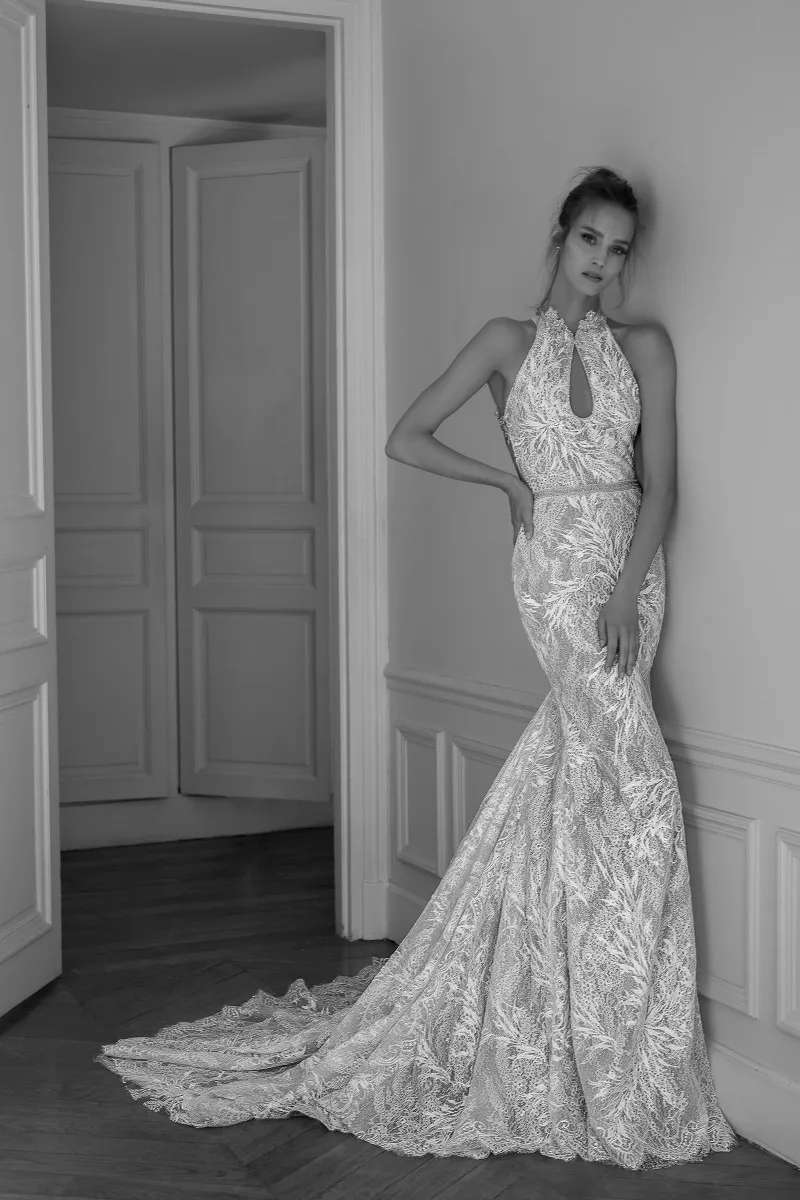 Сексуальные свадебные платья русалки vestidos de novia Высокий воротник кружева аппликации с открытой спиной Пляж Свадебный платья платье