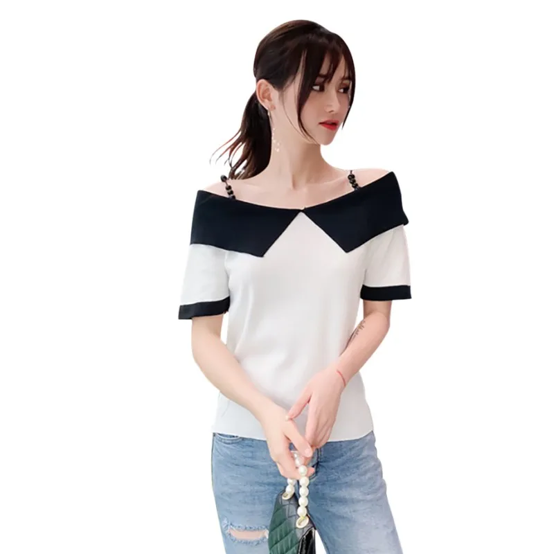 

Pullover T-Shirt Sweet Casual Women's Slash Neck Color Block Short Sleeve Female Fashion Knitted Beading