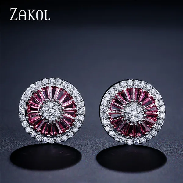 ZAKOL, благородные романтические ювелирные изделия с кристаллами, роскошные круглые свадебные серьги-гвоздики с кубическим цирконием для женщин, вечерние, подарок FSEP293 - Окраска металла: Red