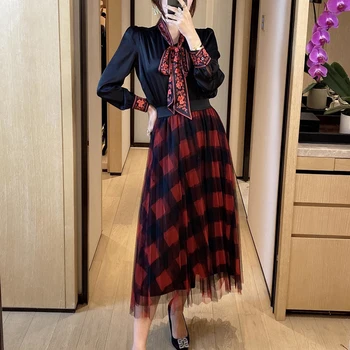 

Runway Shirt Long-Sleeved Bow Single-Breasted Long-Sleeved Retro Print Elastic Tulle Check Half Skirt Two-Piece Fashion New