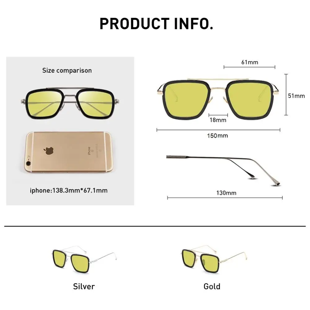 Капони ночного видения Тони Старк солнцезащитные очки с желтыми стеклами крутой стиль оттенков для мужчин Новые УФ солнцезащитные очки поляризационные мужские BSYS66218