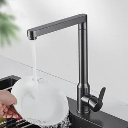 Gun Grey 304 Stainless Steel Kitchen Sink Faucets Hot & Cold Mixer 360 Degrees Rotating Single Handle Deck Mounted Taps Black