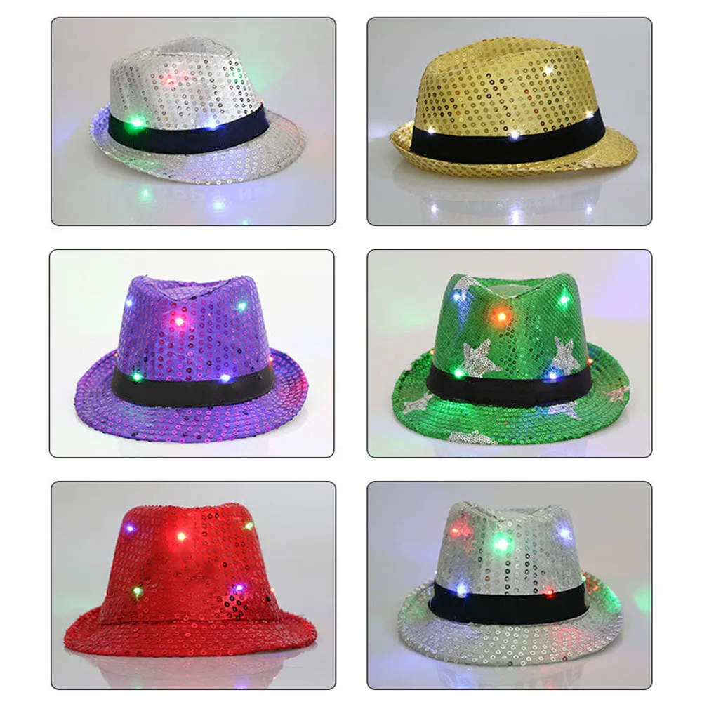Светящаяся джазовая шляпа 9 светодиодный унисекс блестящая шляпа с пайетками танцевальное шоу вечерние шляпа для джаза шоу шляпа День рождения Свадьба Декор