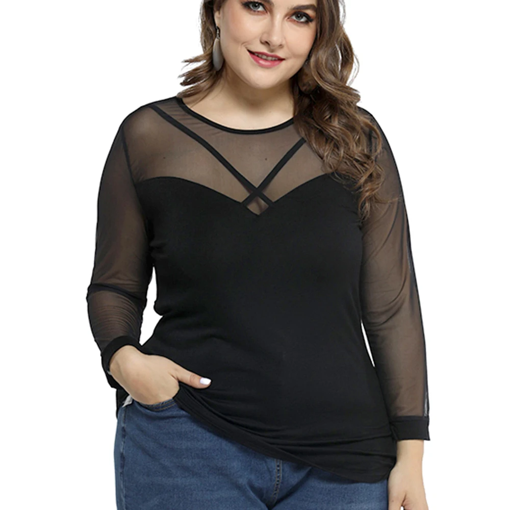 L-6XL, женская черная футболка, плюс размер, рубашки для женщин, сексуальные топы с длинным рукавом, Сетчатая футболка, элегантная женская уличная одежда D30