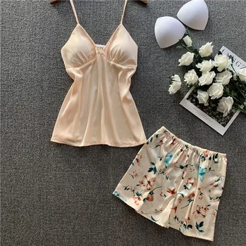 

Lady Champagne Casual Pajamas Set Faux Silk Flower Print Home Clothes Sexy V-neck Backless Strap Top&Shorts Sleepwear