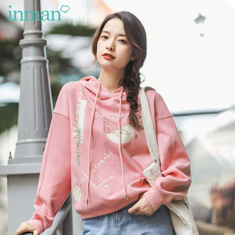 

INMAN 2020 Spring New Arrival Literary Funny Geometry Pattern Printed Dropped Shoulder Sleeve Hoodie Short Fleece