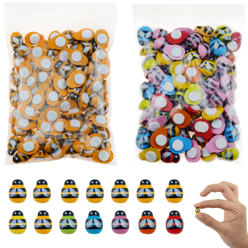 Mini adhesivos autoadhesivos de madera con diseño de abeja amarilla para jardín, pegatinas autoadhesivas con diseño de abejas amarillas, para decoración de flores, 100 Uds.