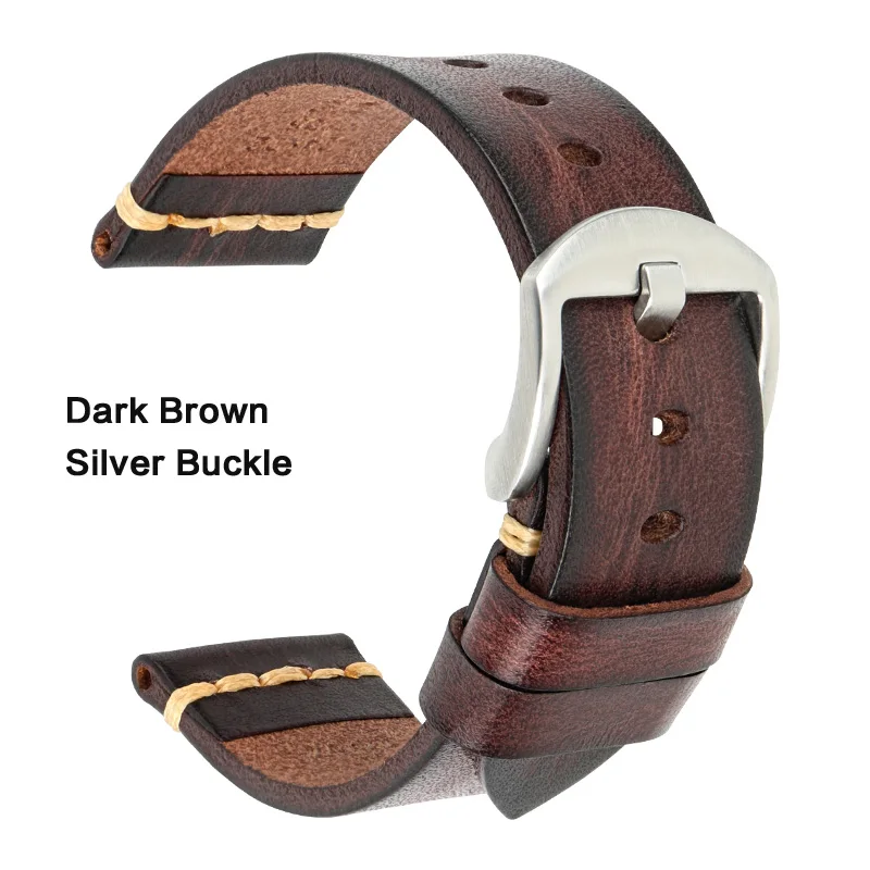 Dark Brown-Silver Ремешок для часов Maikes из натуральной кожи для Galaxy Watch ремешок 18 мм 20 мм 22 мм 24 мм ремешок для часов Tissote Timex Омега наручные браслеты - Цвет ремешка: Dark Brown-Silver