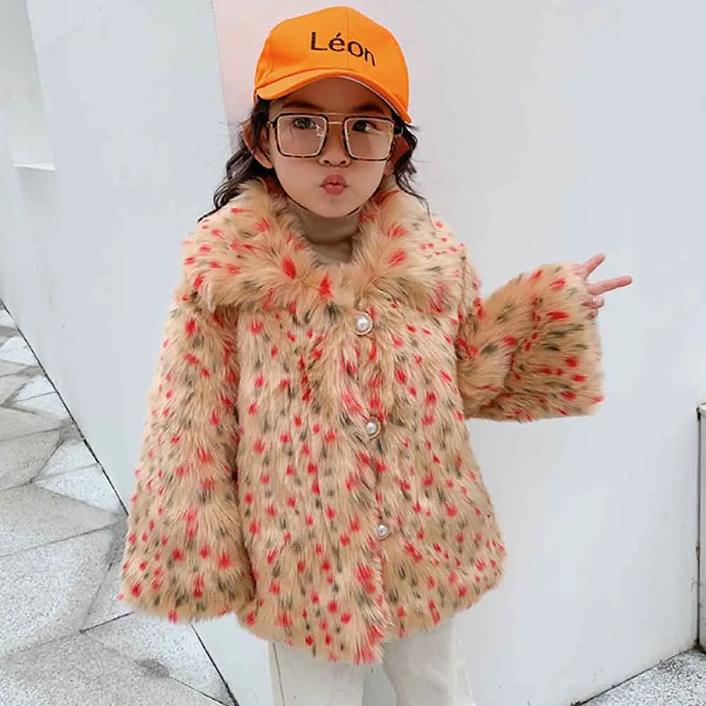 

FIRSTTO Stylish Mother Daughter Lapel Hairy Shaggy Colorful Faux Leopard Fur Coat Furry Faux Fur Jacket Outerwear Tops 2 Colors