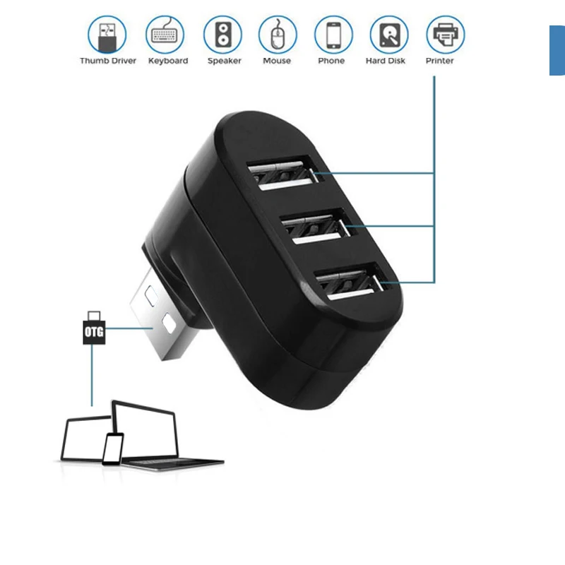 Поворотный сплиттер для зарядки, 3 порта, usb-хаб, 3 USB 2,0, адаптер для ноутбука Macbook, ноутбука, компьютера, USB, несколько usb-хаб