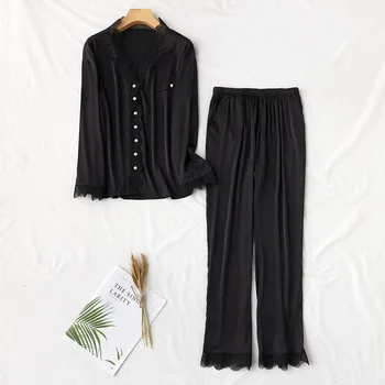 

Novelty Satin Sleep Set Young Lady Nightwear Home Clothing Casual Pijamas Set Sexy Black Summer New Sleepwear Pajamas Suit