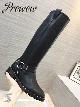 

Prowow New Genuine Leather Studded Knee High Boots Round Toe Zp Side Runway Fashion Boots Zapatos Mujer
