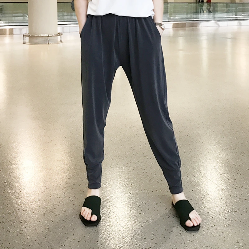 

Women Pants Summer Thin Knitted Pants Plus Size beam pants Elastic Waist Pants Loose Harem Pants Black Gray Trousers