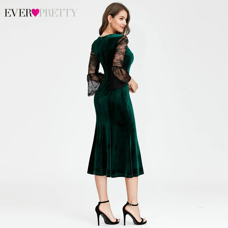 Элегантное темно-зеленое платье на выпускной, платья Ever Pretty, v-образный вырез, кружево, рукав 3/4, велюр, с рюшами, для девушек, Формальные вечерние платья, Vestido De Fiesta